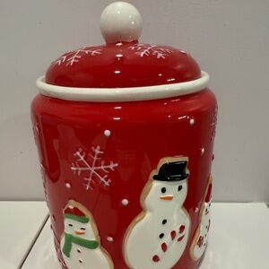 Vintage Hallmark Ceramic Snowman Holiday Red Christmas Cookie Jar Snowflakes
